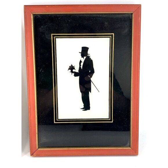 Silhouette Painting on Reverse Domed Glass Pictures of Couple Victorian Lot of 2 - Picture 4 of 8